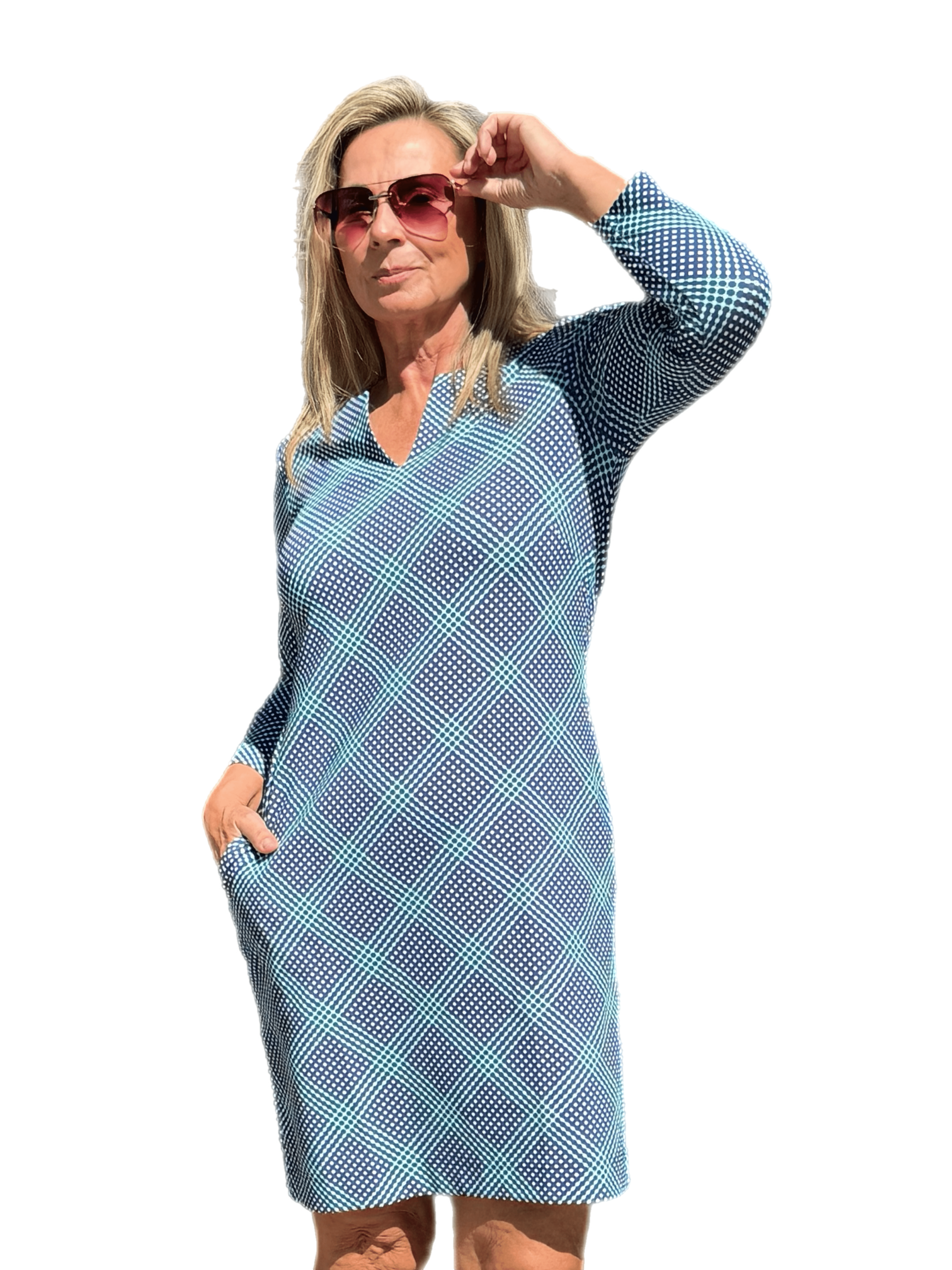 Notched V-Neck Travel Dress with UPF50+ Check Navy