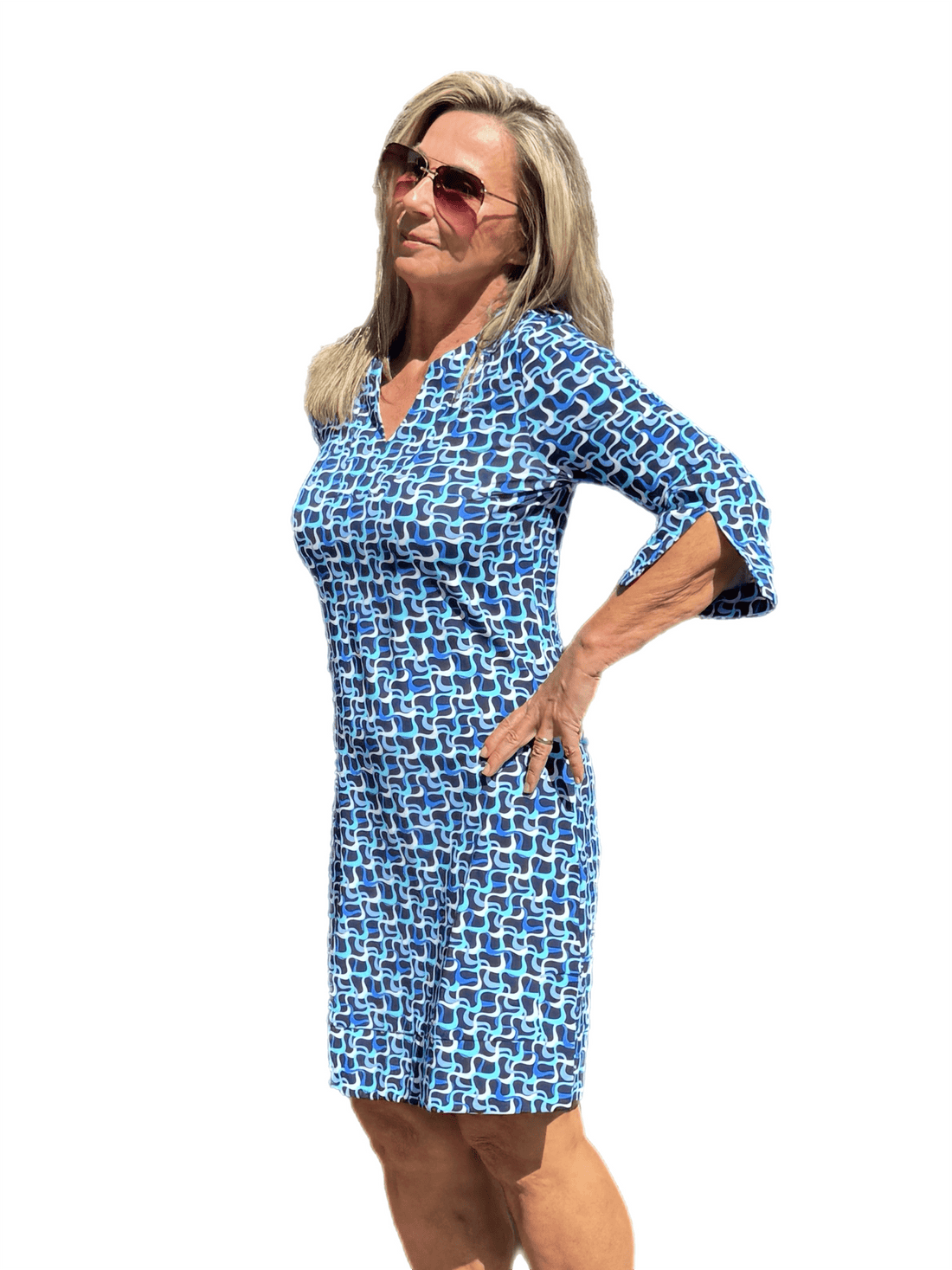 Split-Neck Travel Dress with UPF50+ Navy Waves