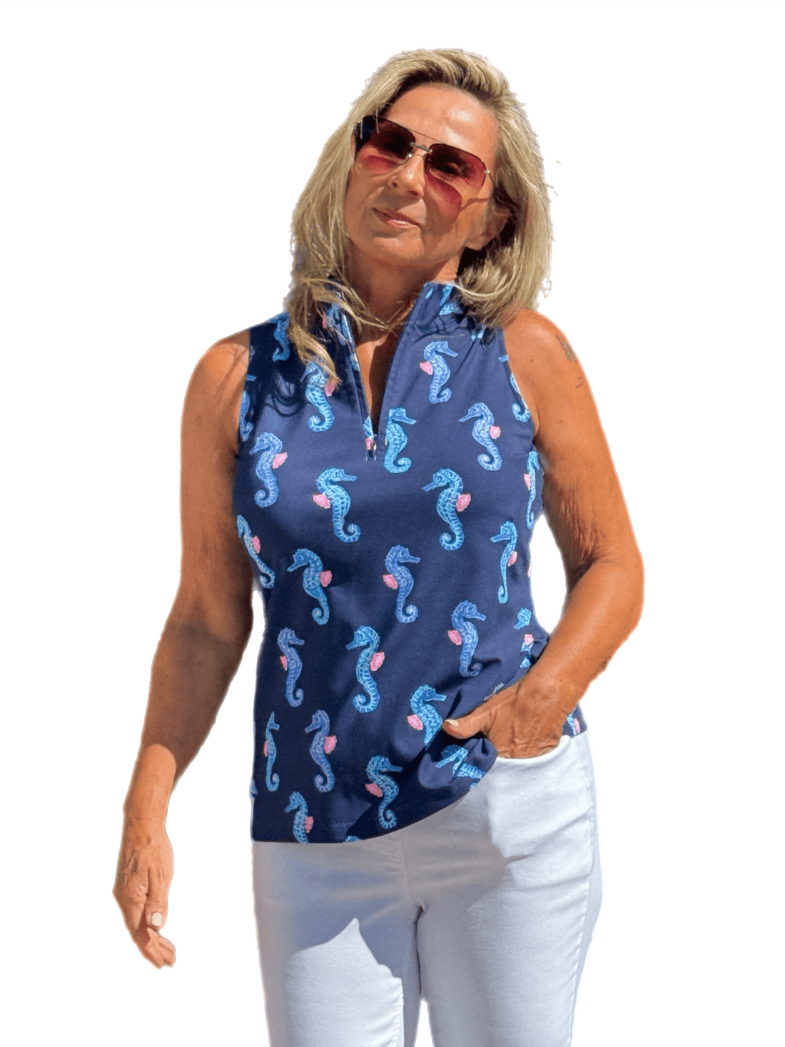 High Zip-Neck Sleeveless Top with UPF50+ Seahorse Navy