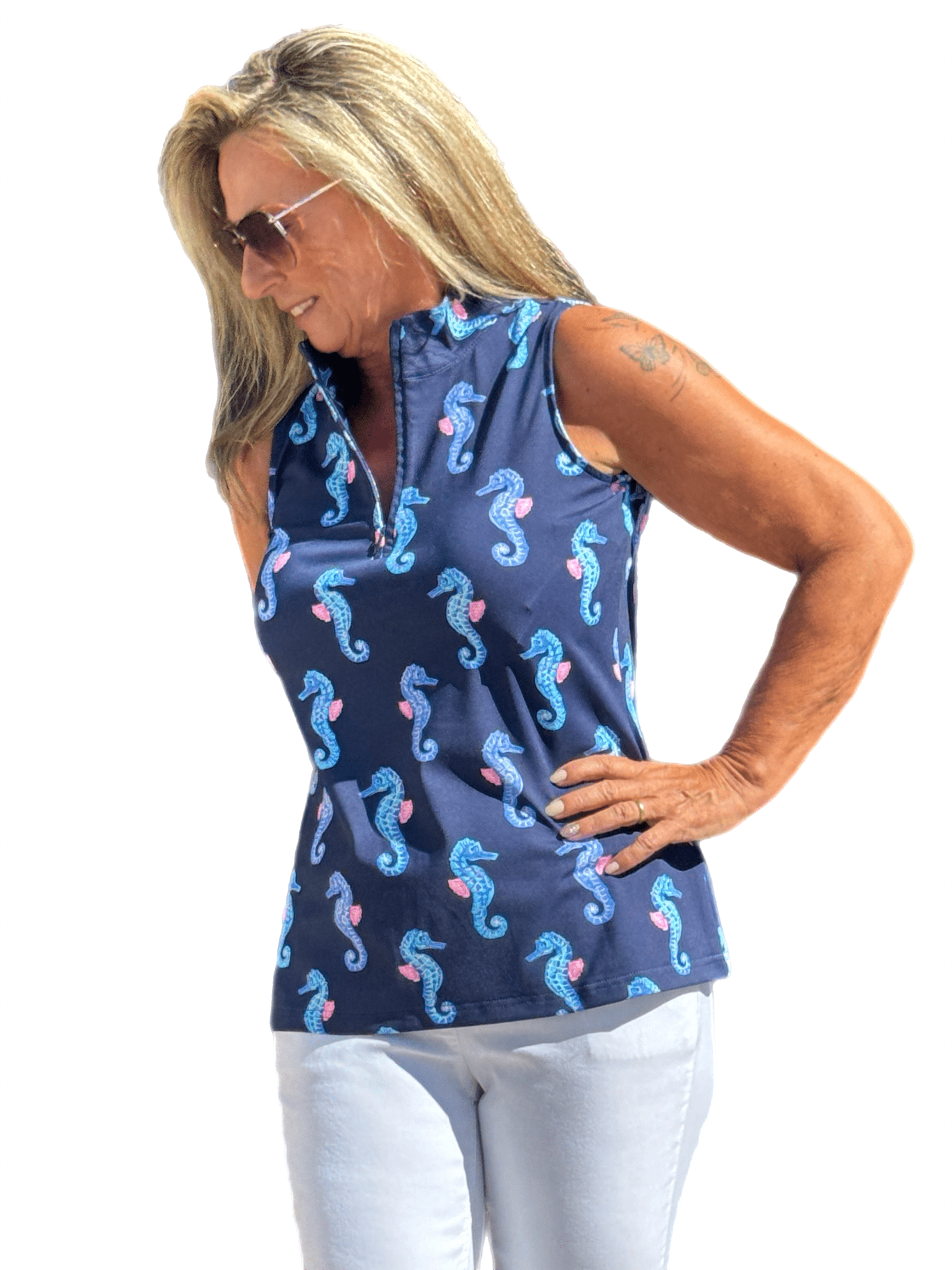 High Zip-Neck Sleeveless Top with UPF50+ Seahorse Navy