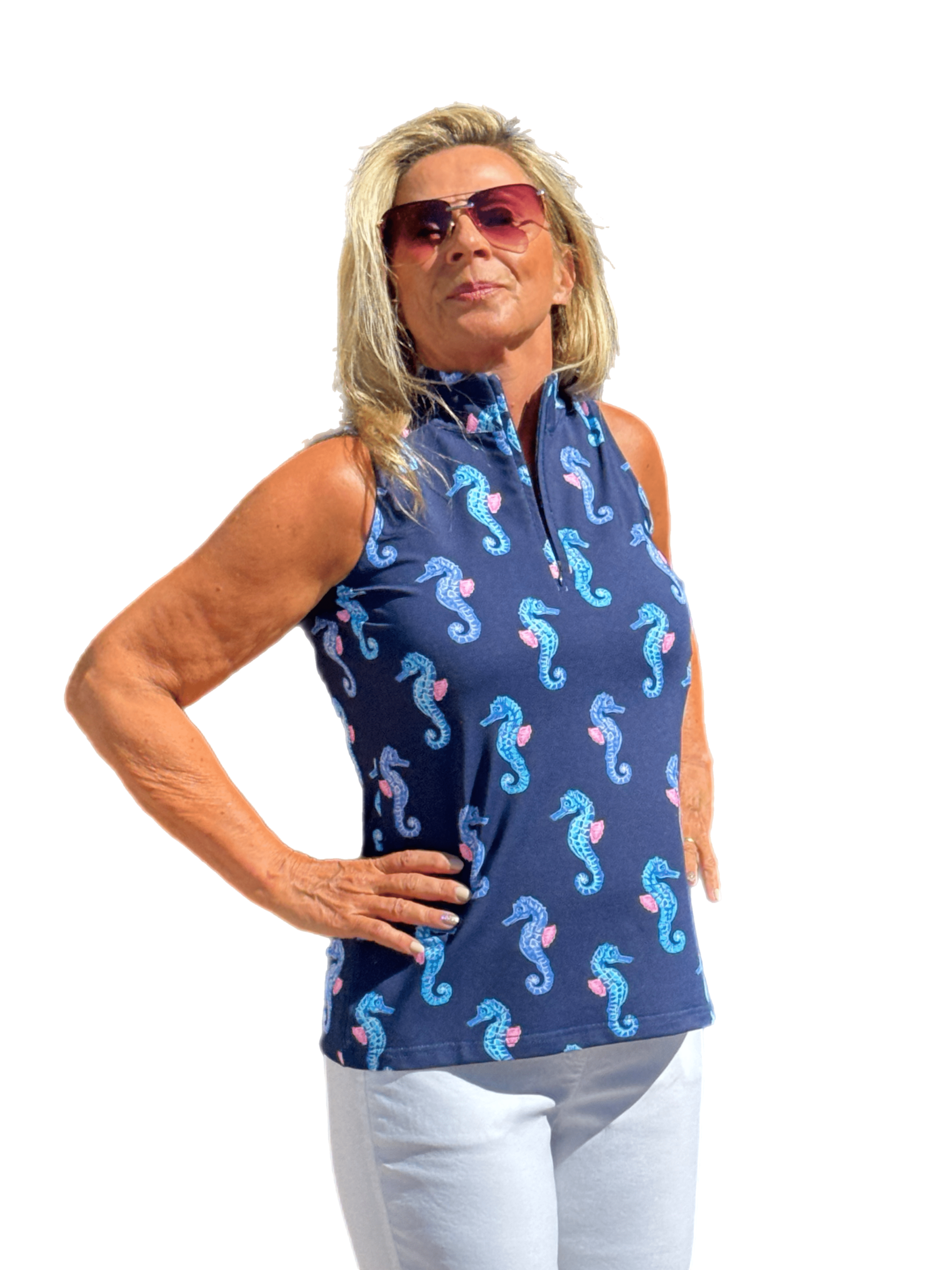 High Zip-Neck Sleeveless Top with UPF50+ Seahorse Navy