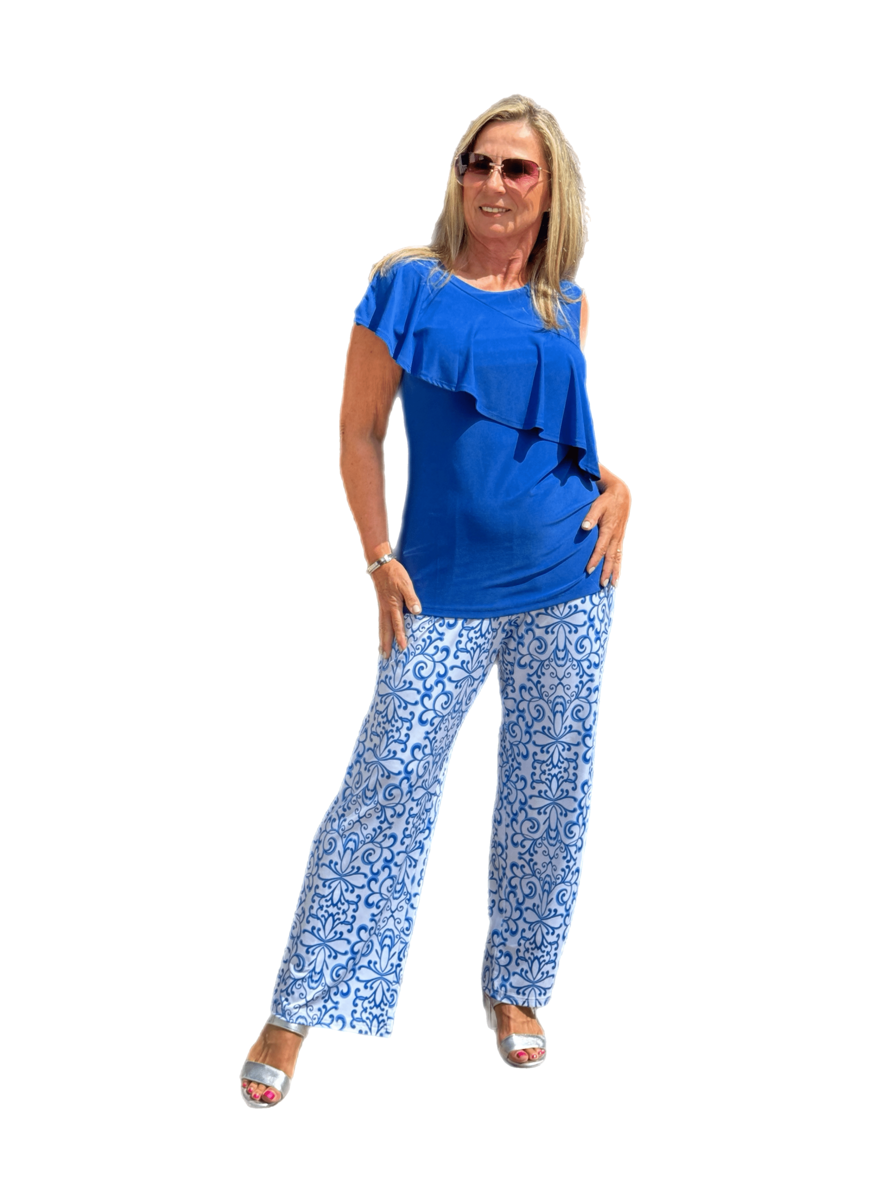 Pull-on Palazzo Pants Blue Ornaments