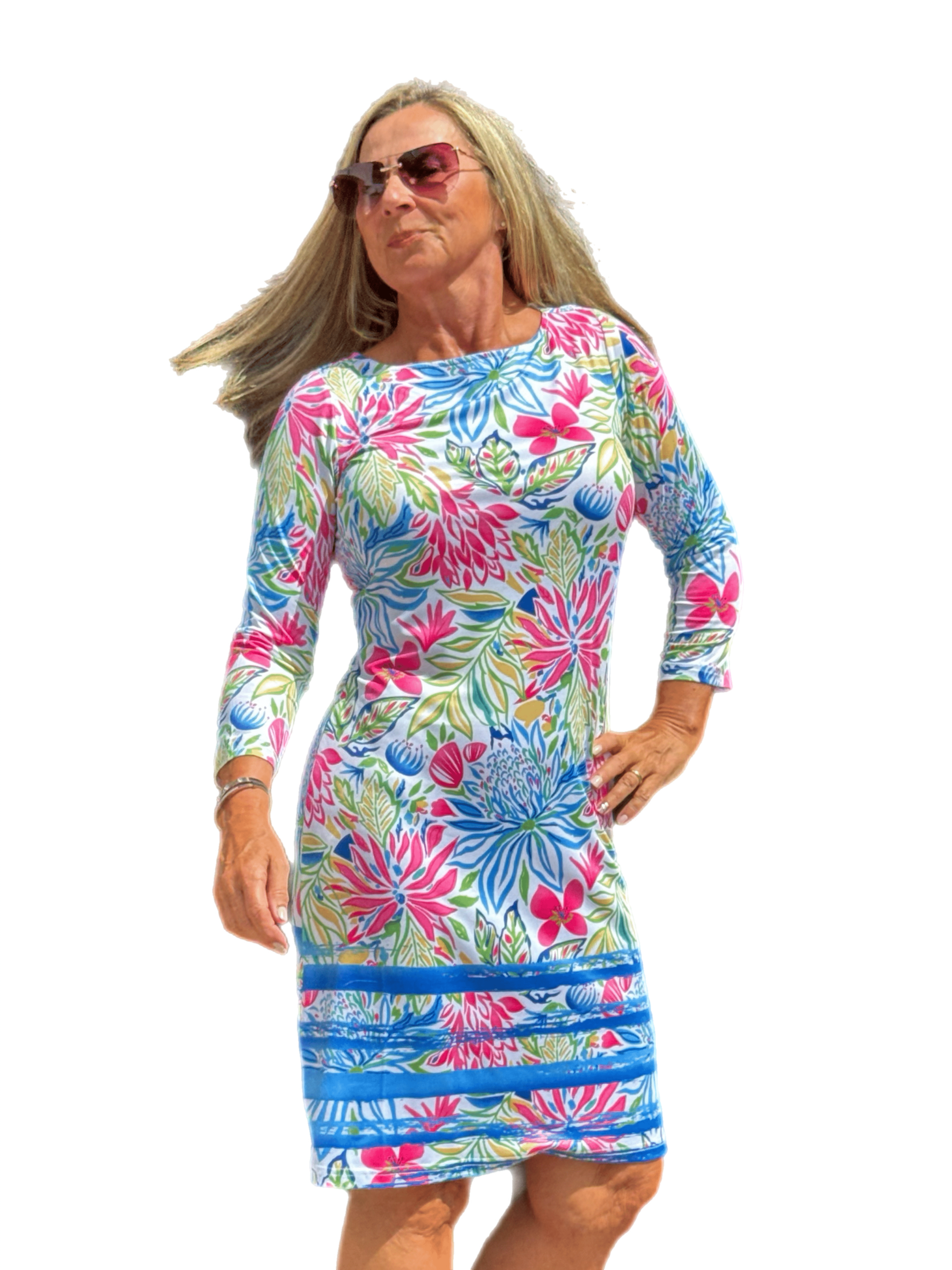 3/4-Sleeve Boat-Neck Dress with UPF50+ Summer Garden