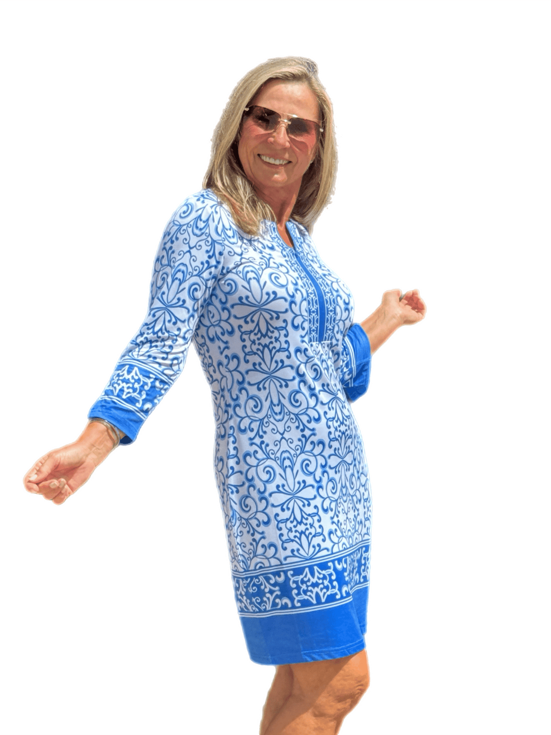 3/4-Sleeve Notched-Neck Dress with UPF50+ Blue Ornaments