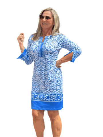 3/4-Sleeve Notched-Neck Dress with UPF50+ Blue Ornaments
