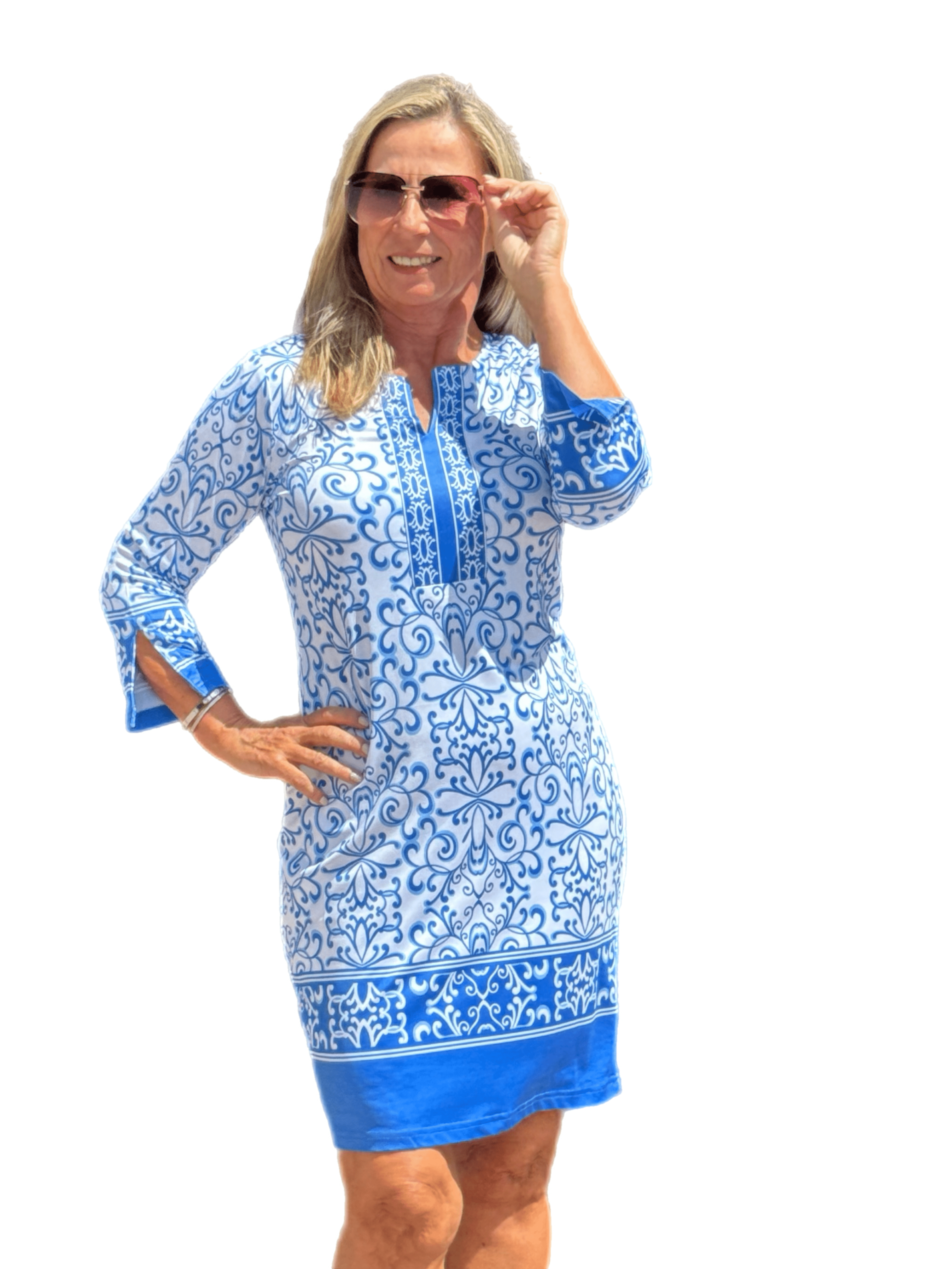 3/4-Sleeve Notched-Neck Dress with UPF50+ Blue Ornaments