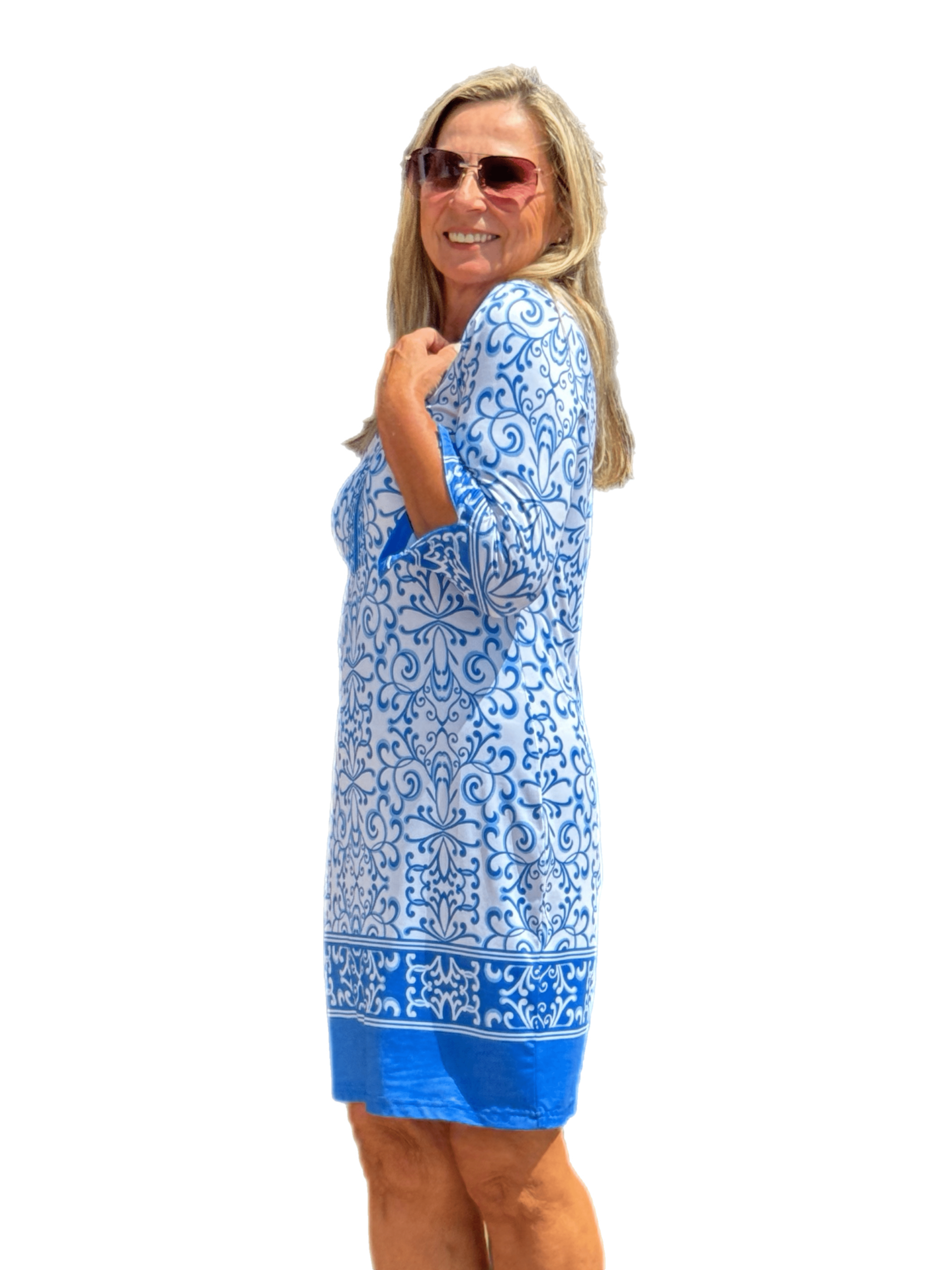 3/4-Sleeve Notched-Neck Dress with UPF50+ Blue Ornaments