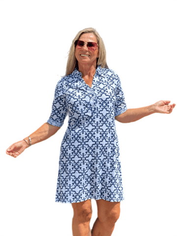 3/4-Sleeve Polo-Collar Dress White/Navy