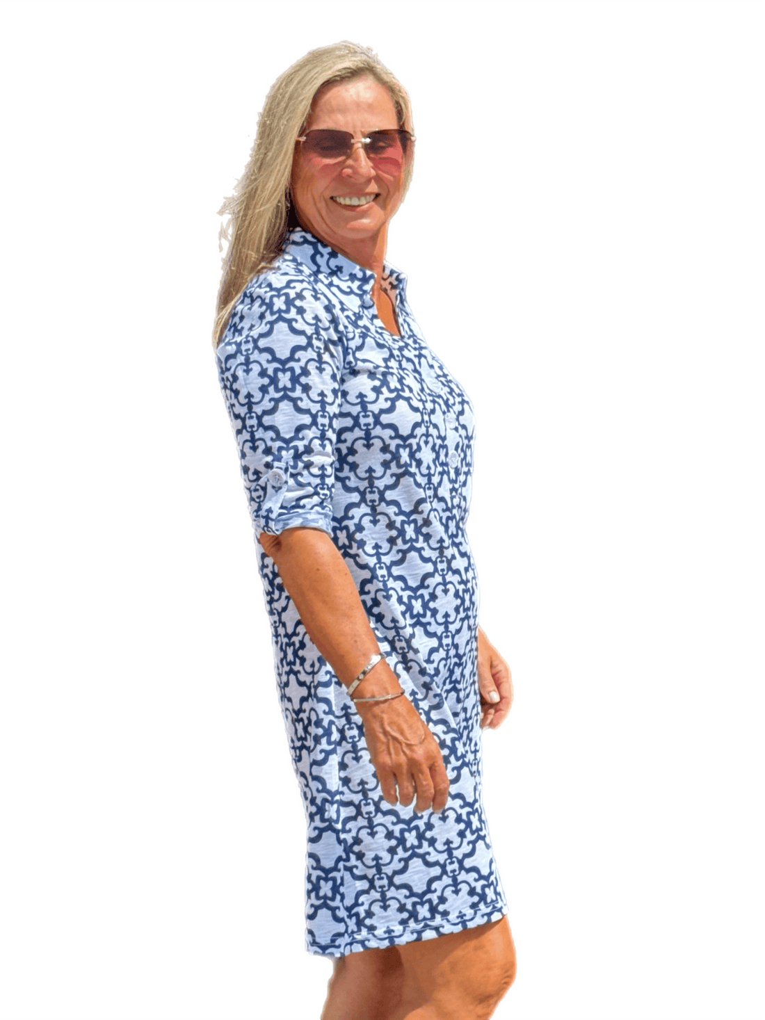 3/4-Sleeve Polo-Collar Dress White/Navy