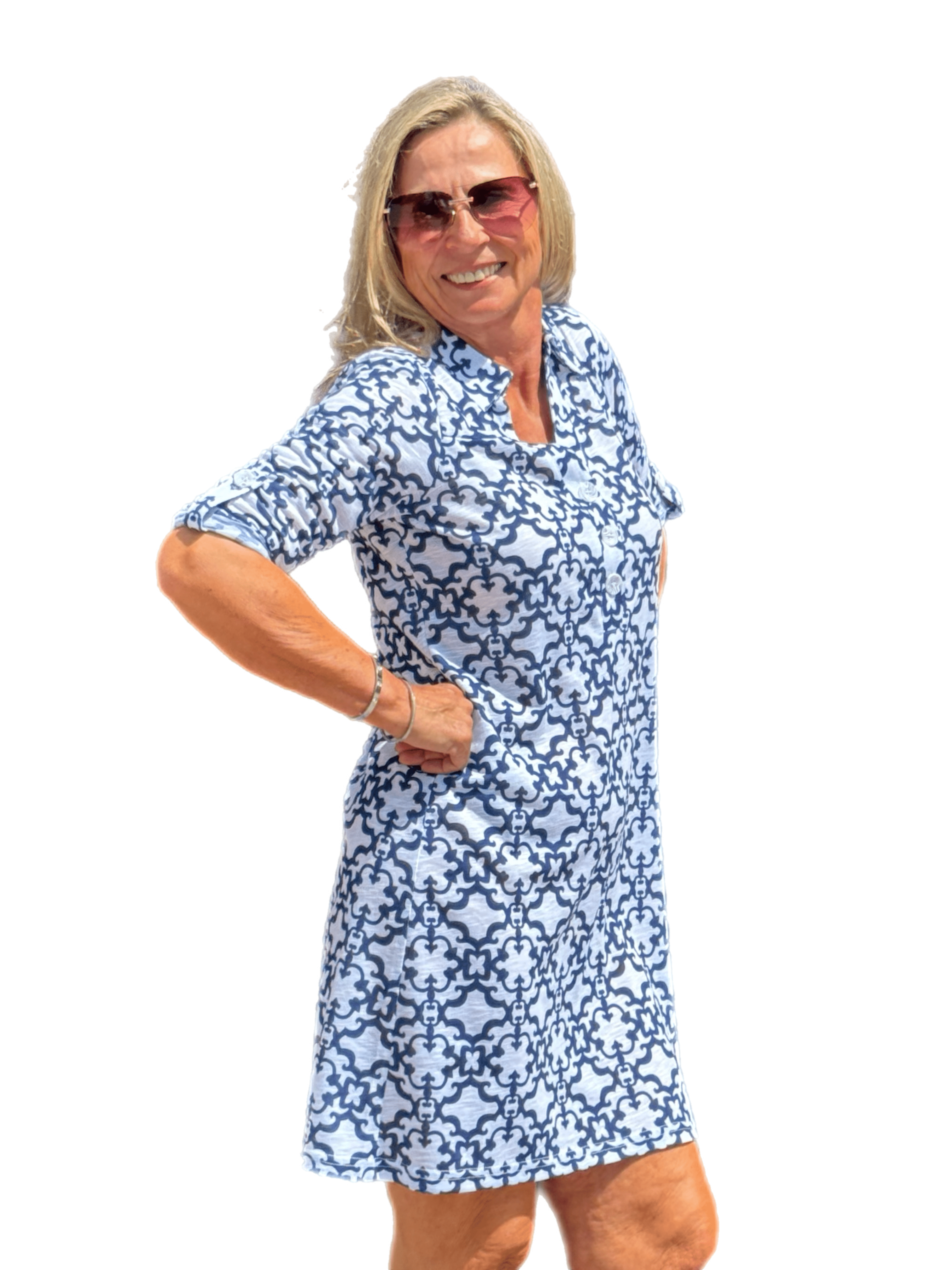 3/4-Sleeve Polo-Collar Dress White/Navy