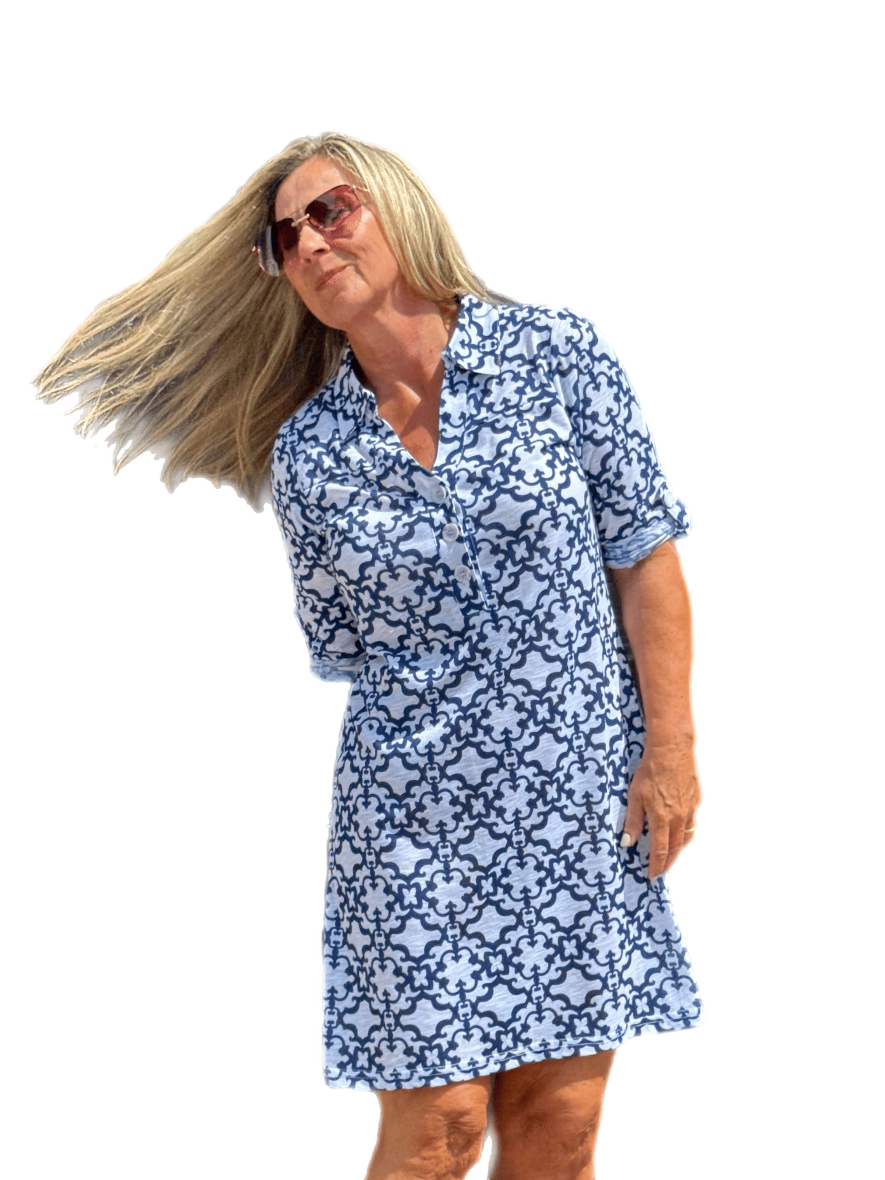 3/4-Sleeve Polo-Collar Dress White/Navy