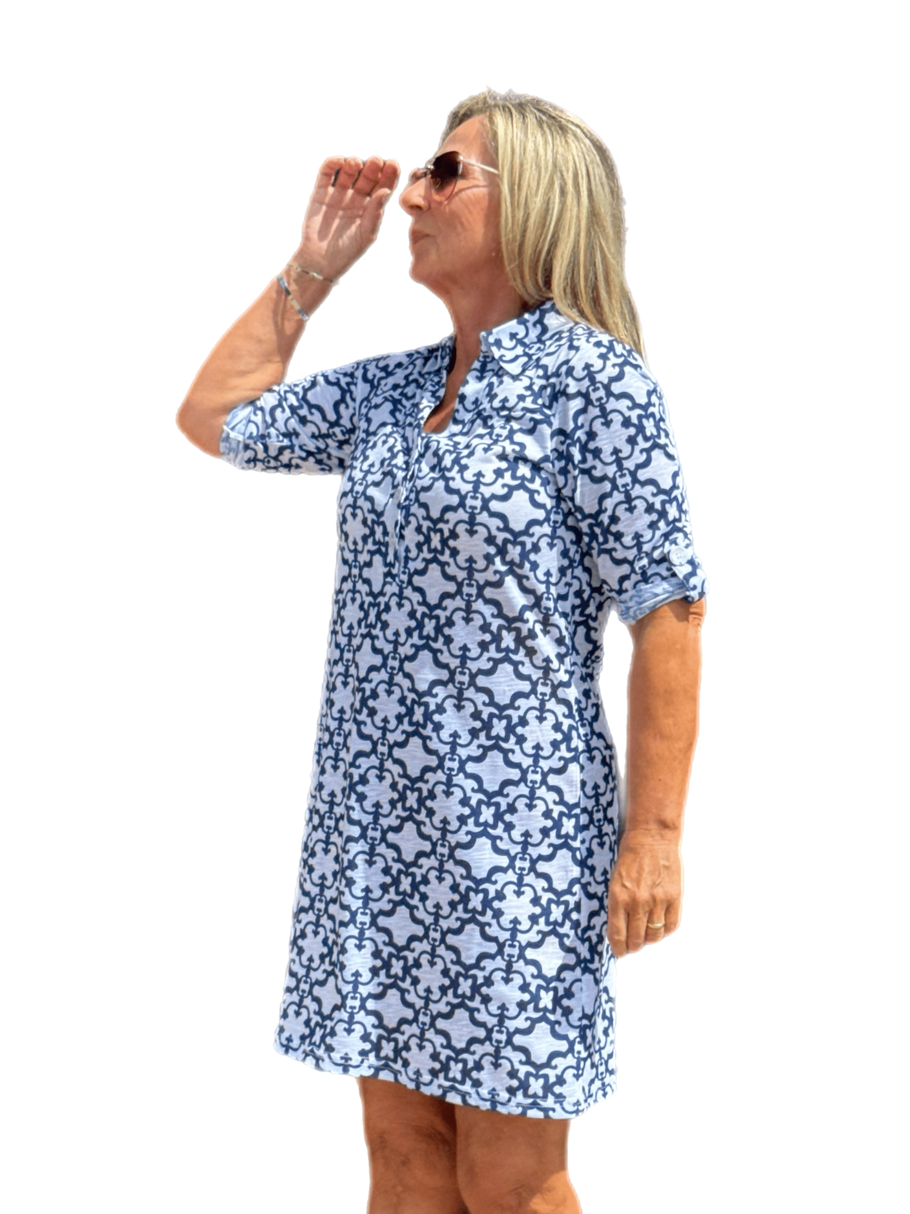 3/4-Sleeve Polo-Collar Dress White/Navy