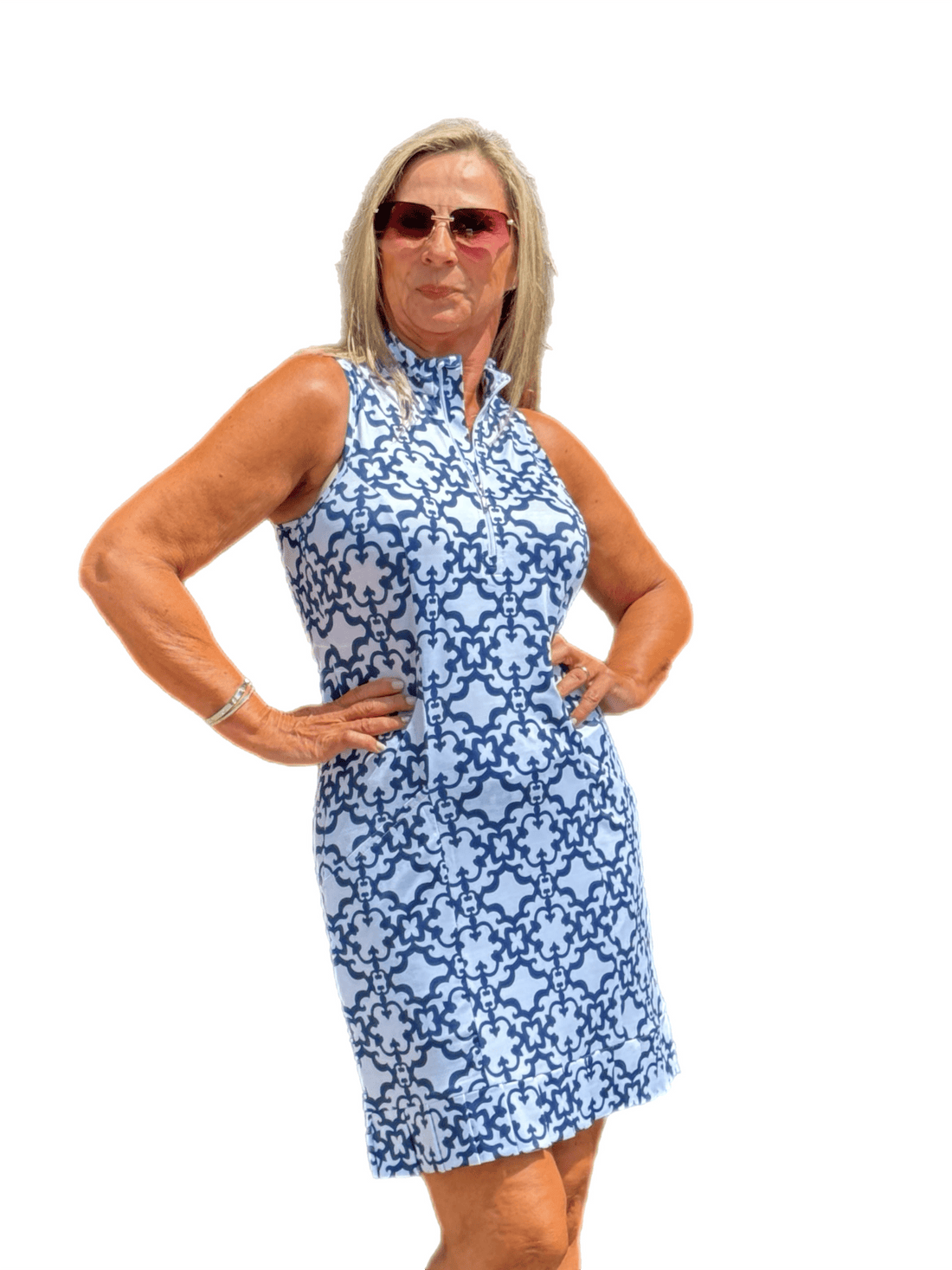 Stand-up Collar Dress with Shorts with UPF50+ White/Navy