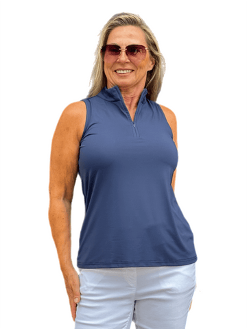 High Zip-Neck Sleeveless Top with UPF50+ Navy
