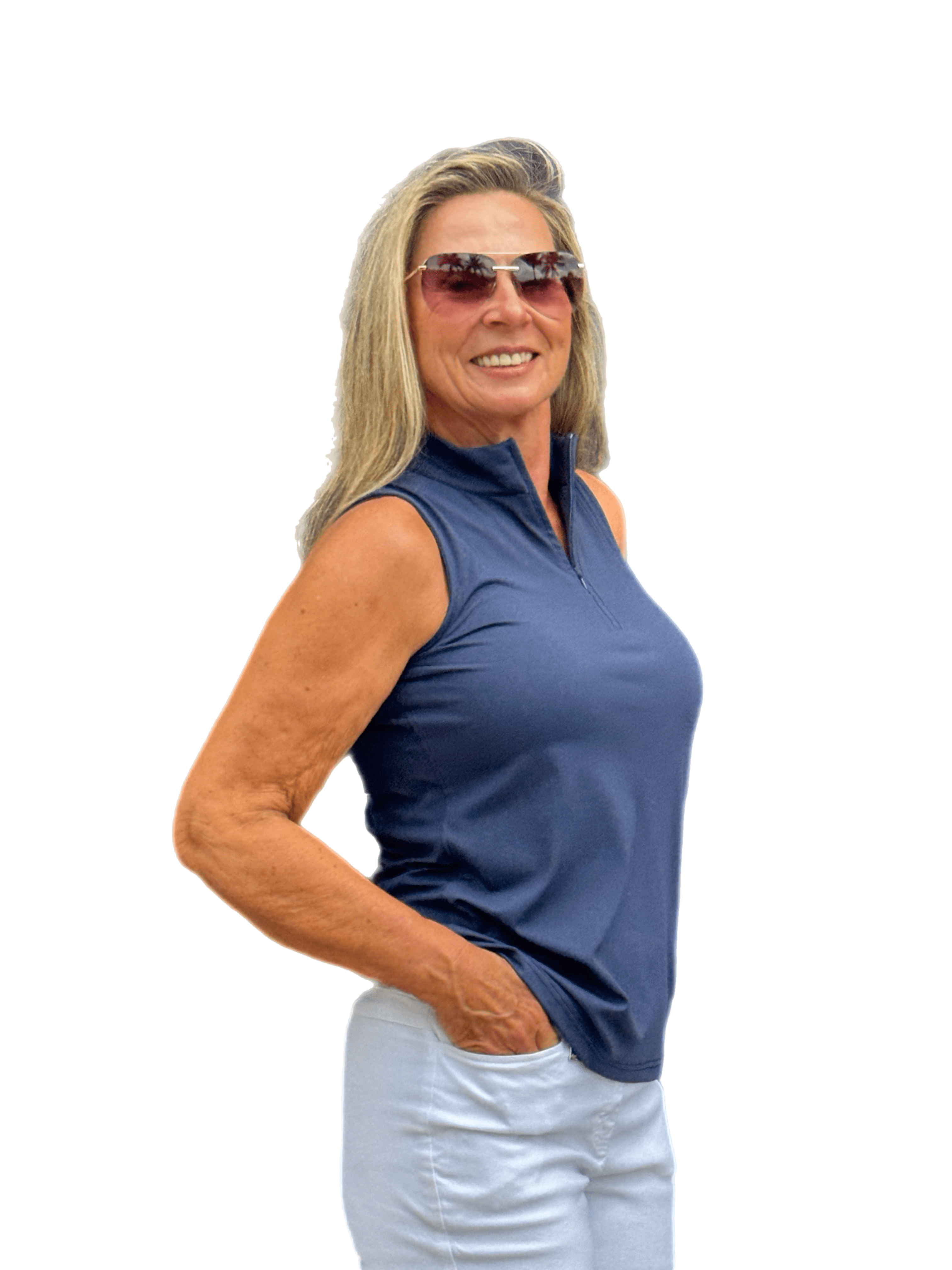 High Zip-Neck Sleeveless Top with UPF50+ Navy