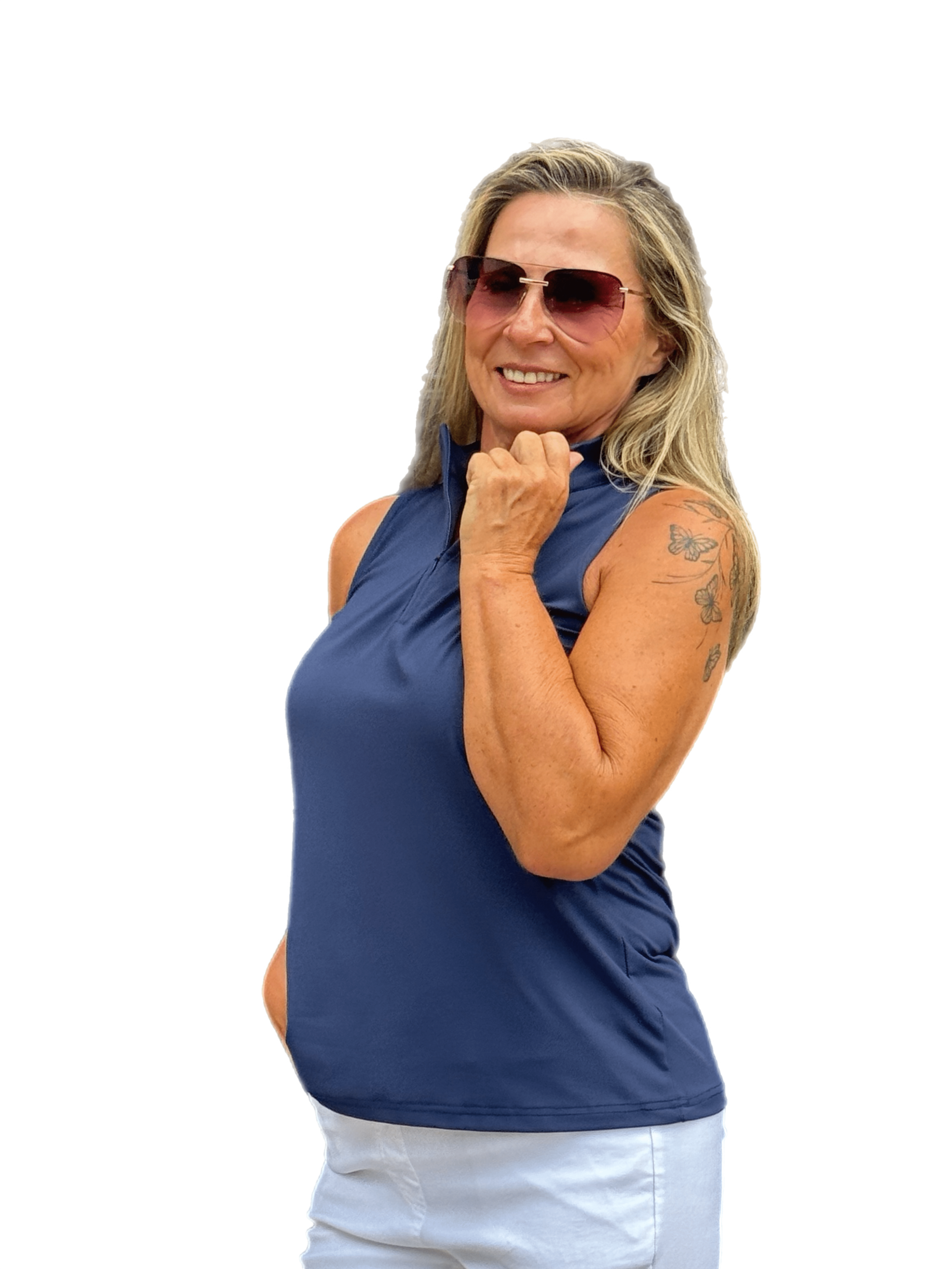 High Zip-Neck Sleeveless Top with UPF50+ Navy