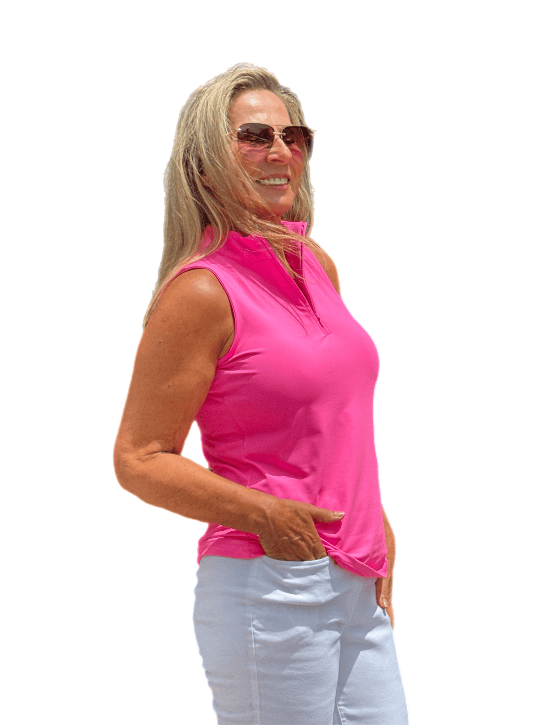 High Zip-Neck Sleeveless Top with UPF50+ Bright Hot Pink