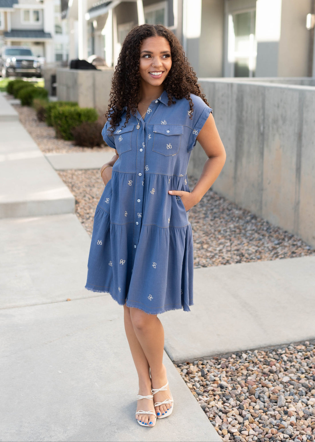 Lynn Denim Bow Embroidered Dress