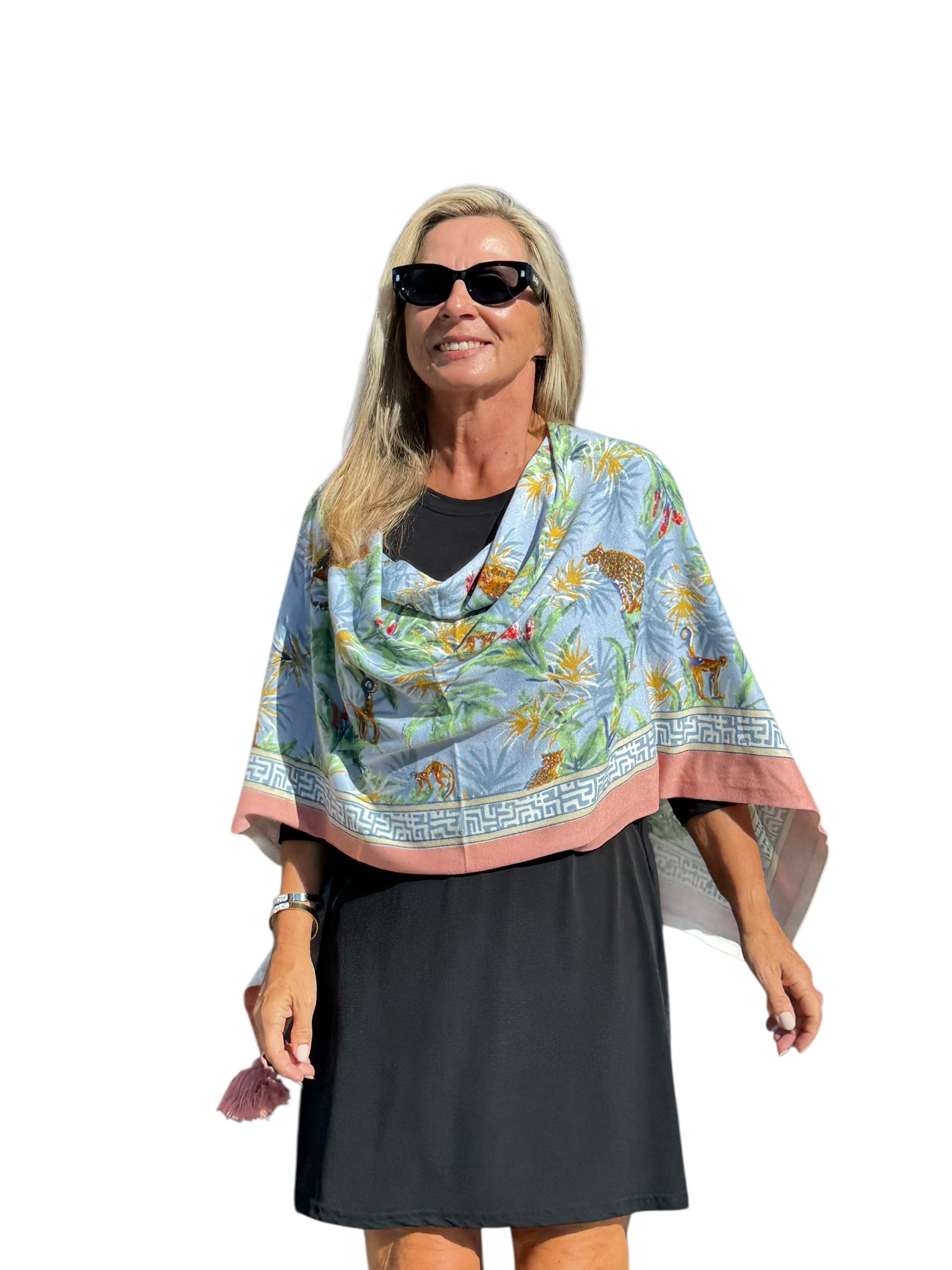 Soft Knit Poncho Wildlife Light Blue