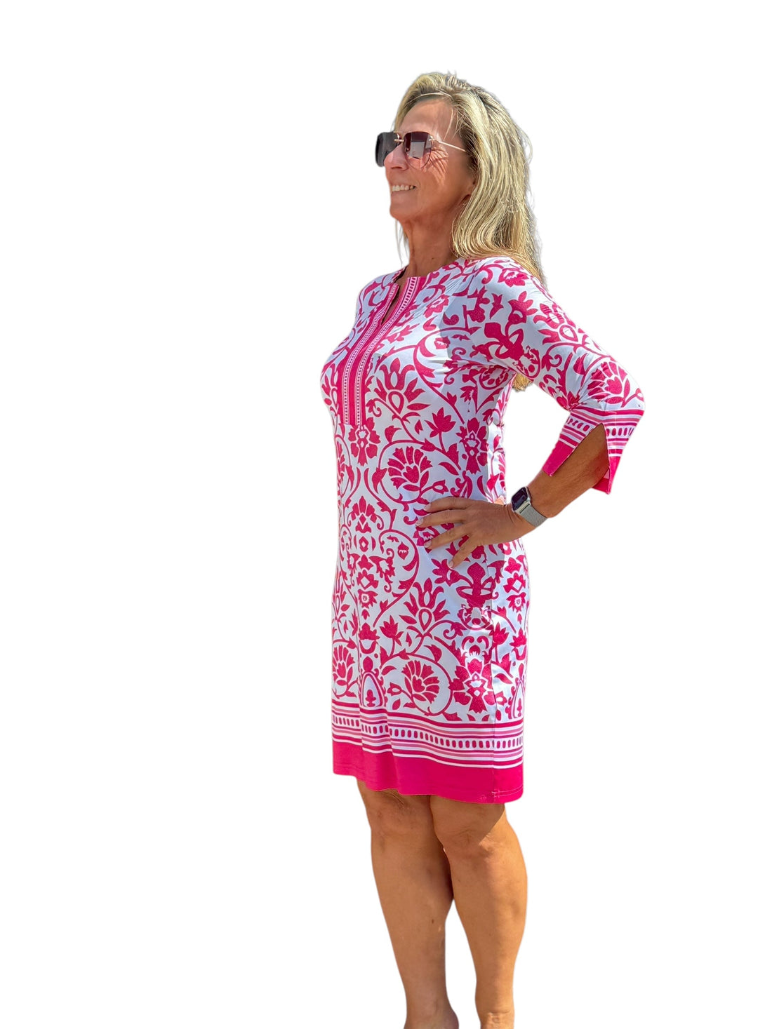 3/4-Sleeve Notched-Neck Dress with UPF50+ Pink Ornaments