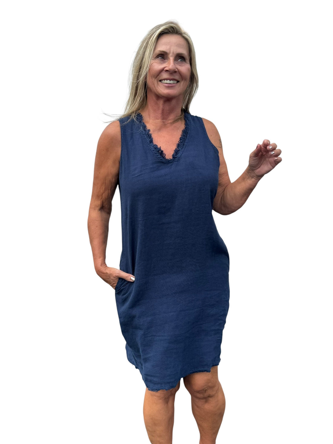Frayed V-Neck Linen Dress Navy