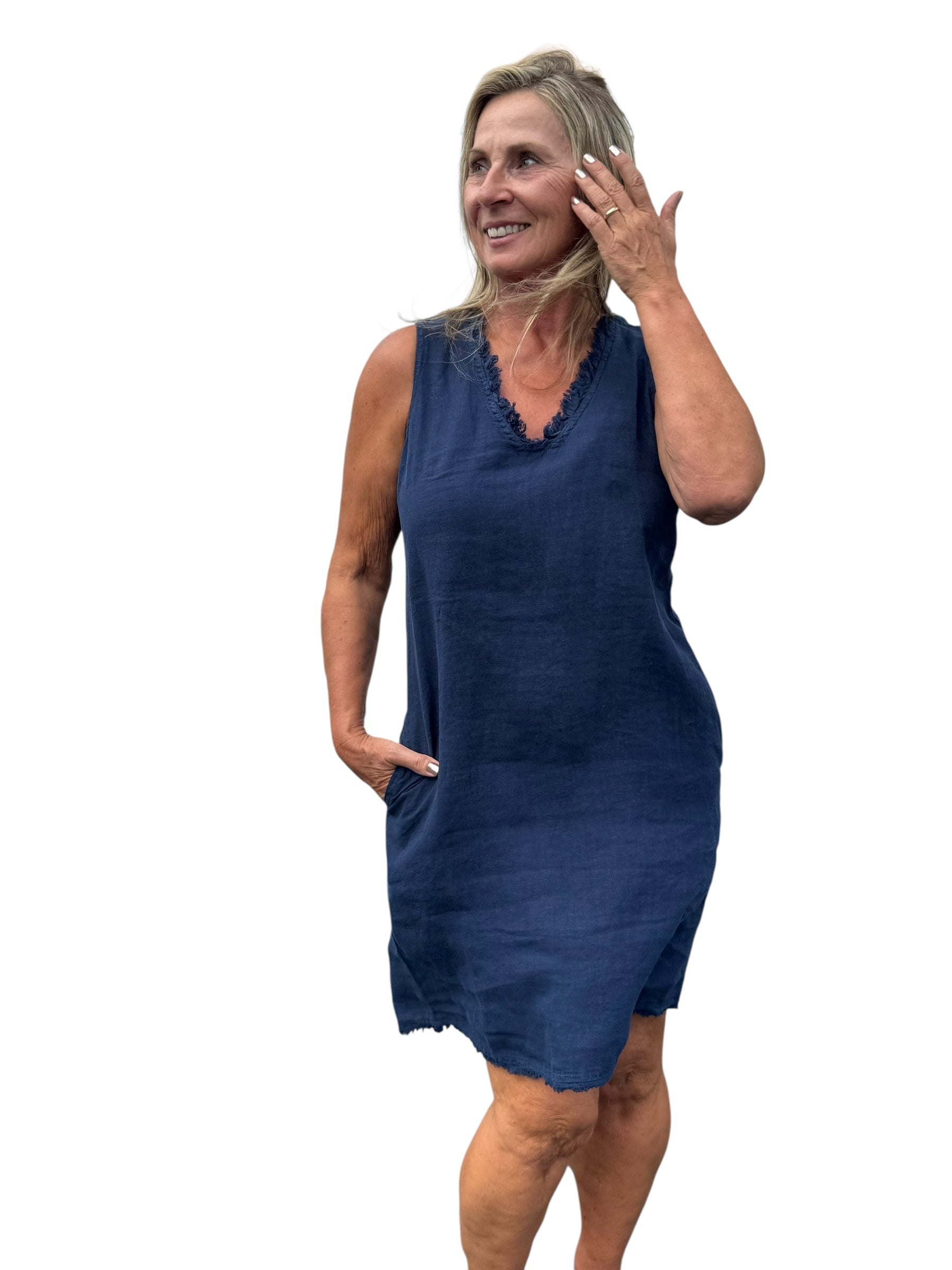 Frayed V-Neck Linen Dress Navy