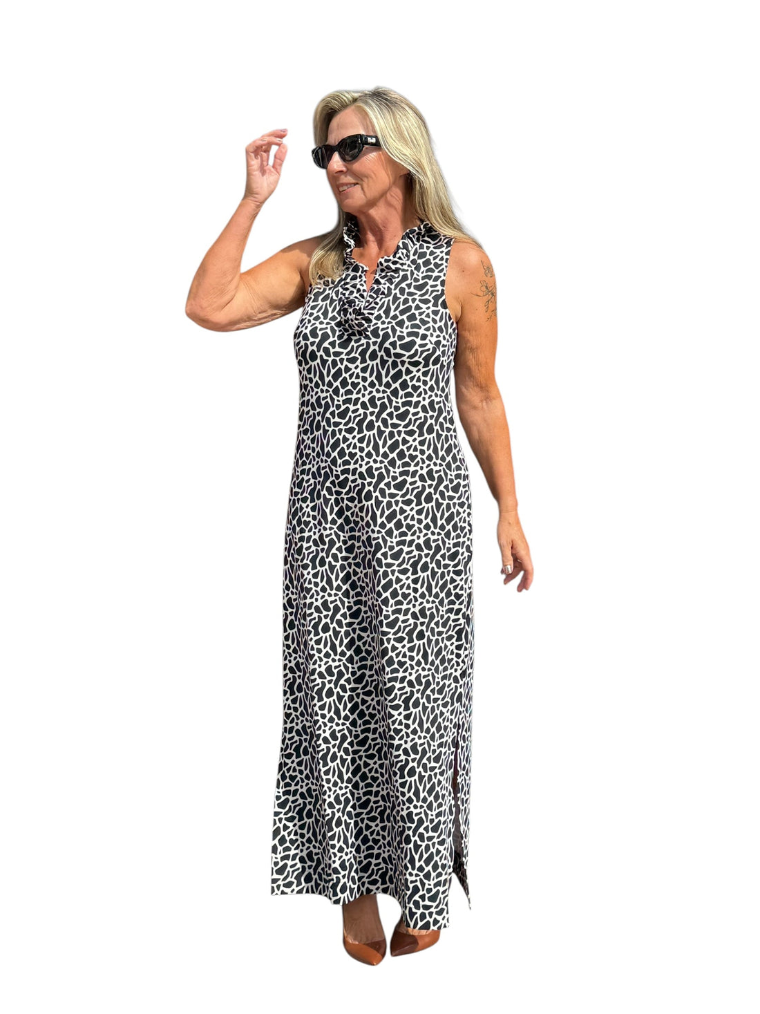Ruffle-Neck Maxi Dress with UPF50+ Black Giraffe