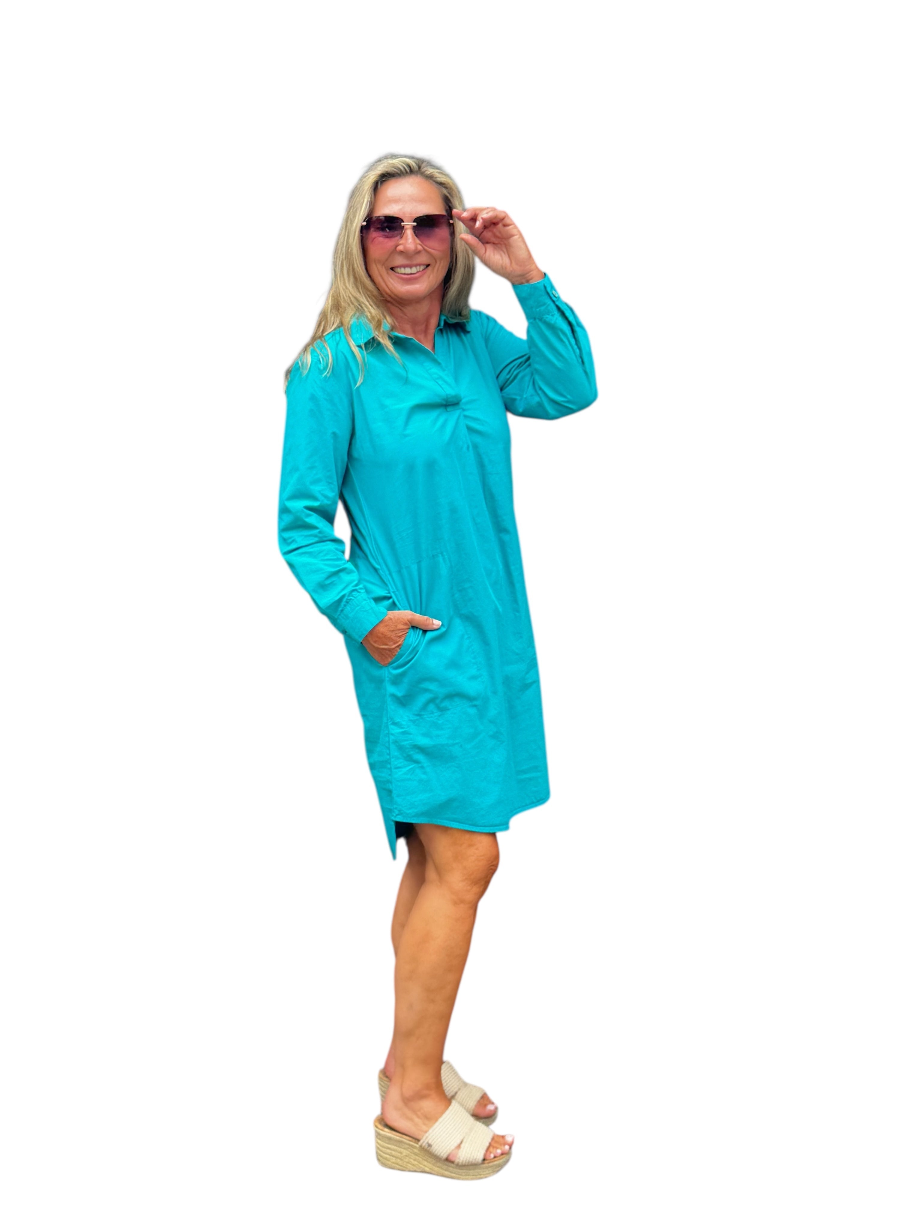 Long Sleeve Shirt Dress Emerald